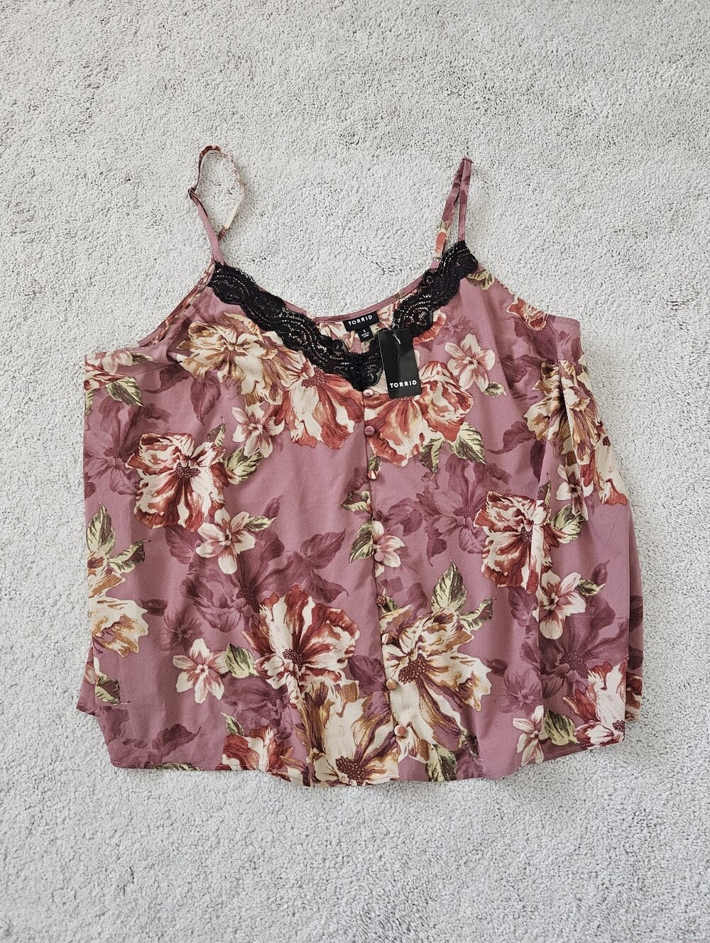 NWT Torrid Satin Lace Button Cami V Neck Sleeveless Walnut Floral Women 1X 14-16 - Picture 4 of 7